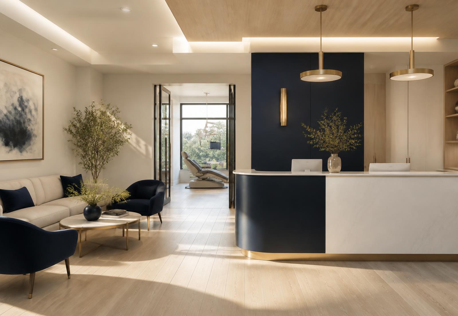 Reception area of the My Royal Dental practice with navy and brass detailing